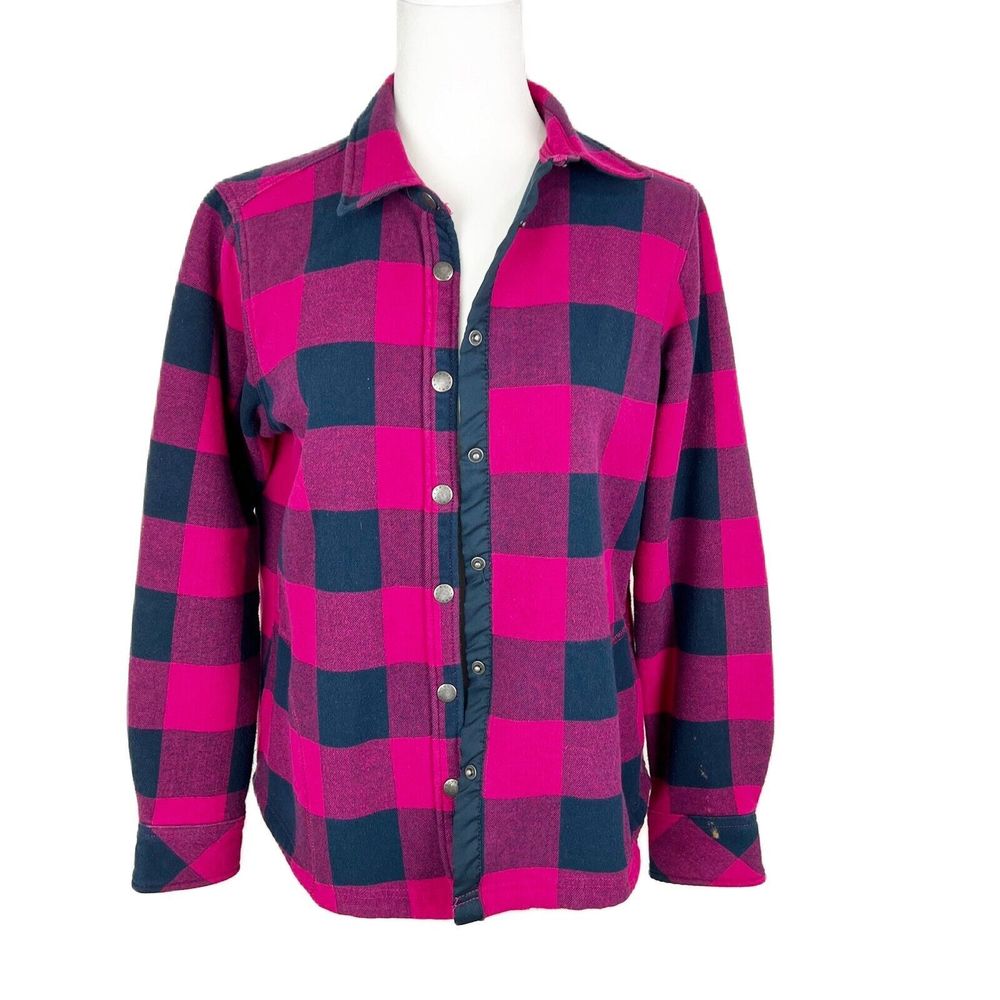 Orvis Jacket Women Medium Pink Plaid Flannel Snap Button Up Fleece Lined Outer